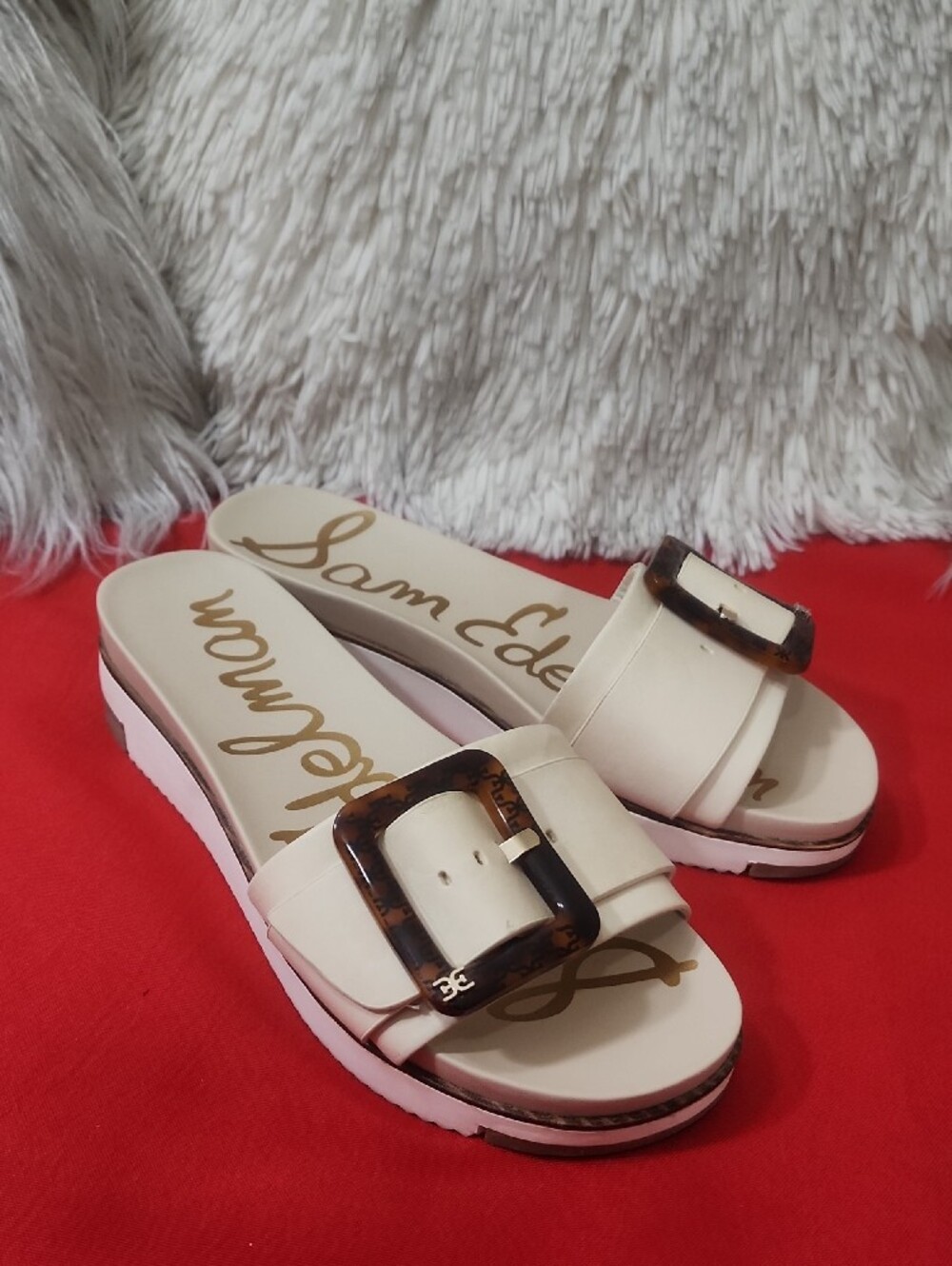 Sam Edelman ARIANE Cream Slide Sandals with Tortoiseshell Buckle Accent - Picture 2 of 10